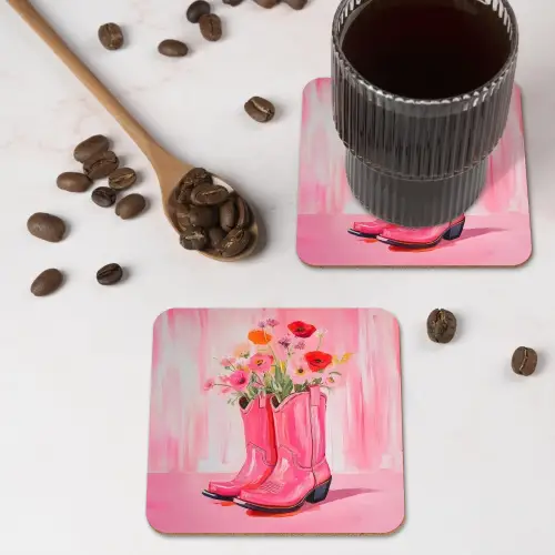 Roze - Bloemen - Cowboy onderzetter kurk middel -sfeer2