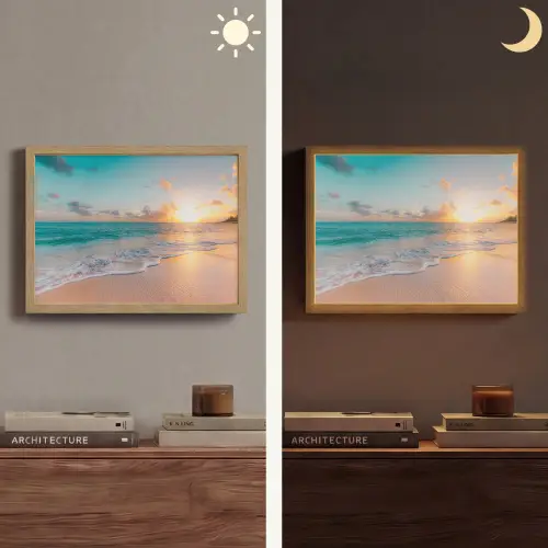 Zonsondergang - Strand - Zee - Zomer - Blauw Light Box met batterij (Wandlamp) middel -sfeer3