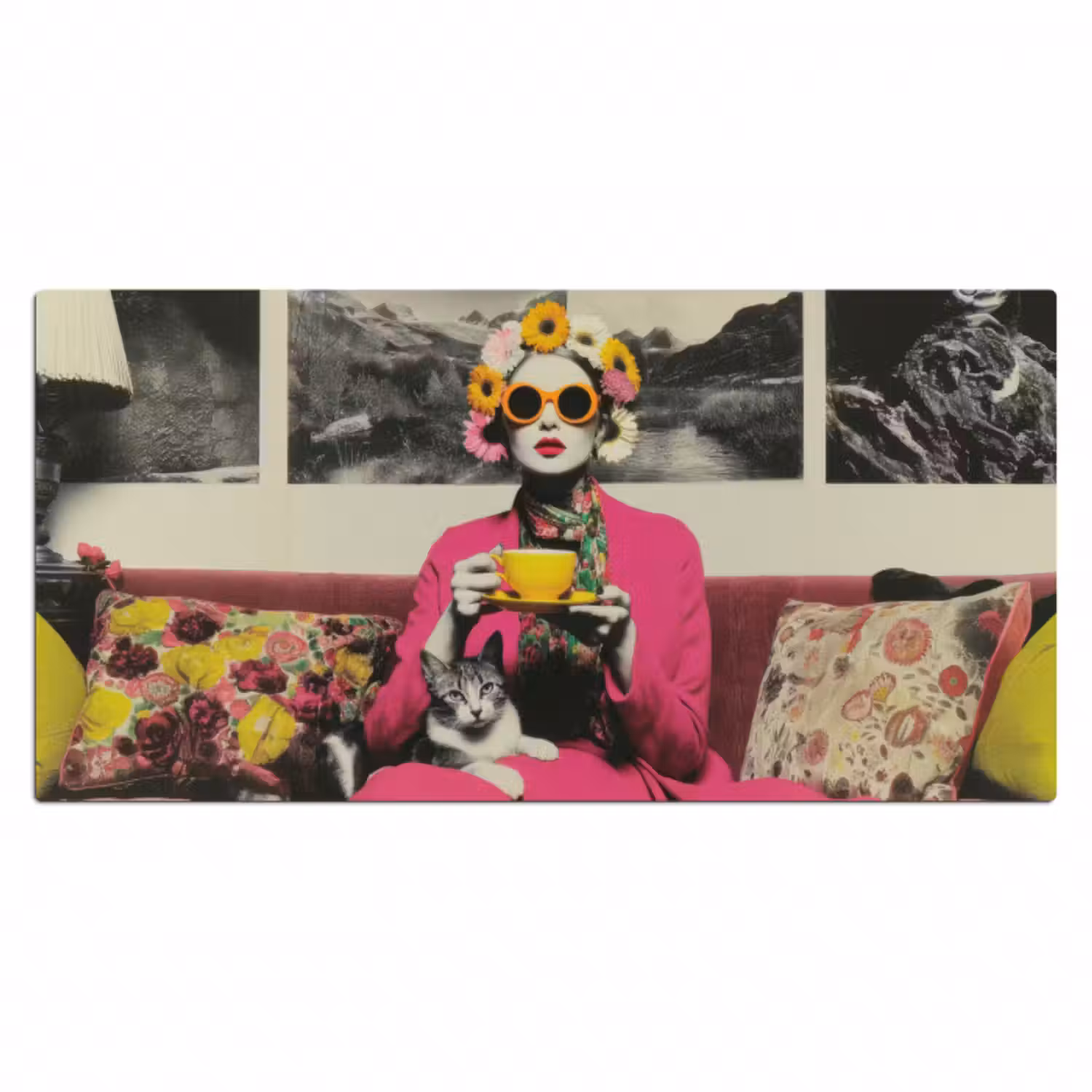 Schreibtischunterlage - Frau - Katze - Blumen - Tasse - Retro