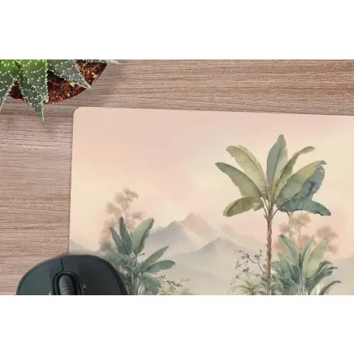 Tropisch landschap - palmbomen - Bloemen - Roze lucht muismat rubber klein -closeup