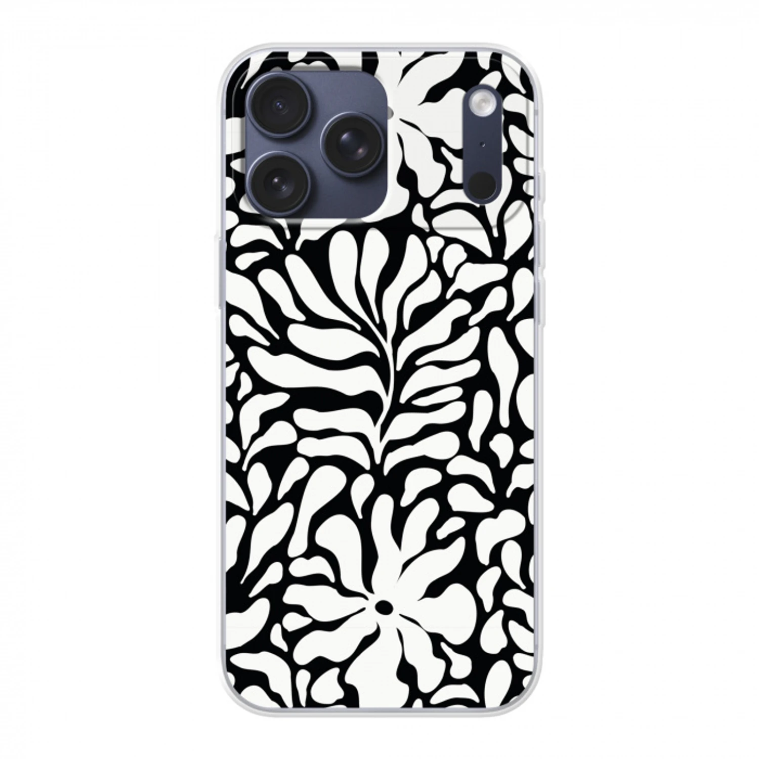 Bloemen print - Zwart - Wit - Bladeren Telefoonhoesje iPhone 17 Pro Max klein -3d