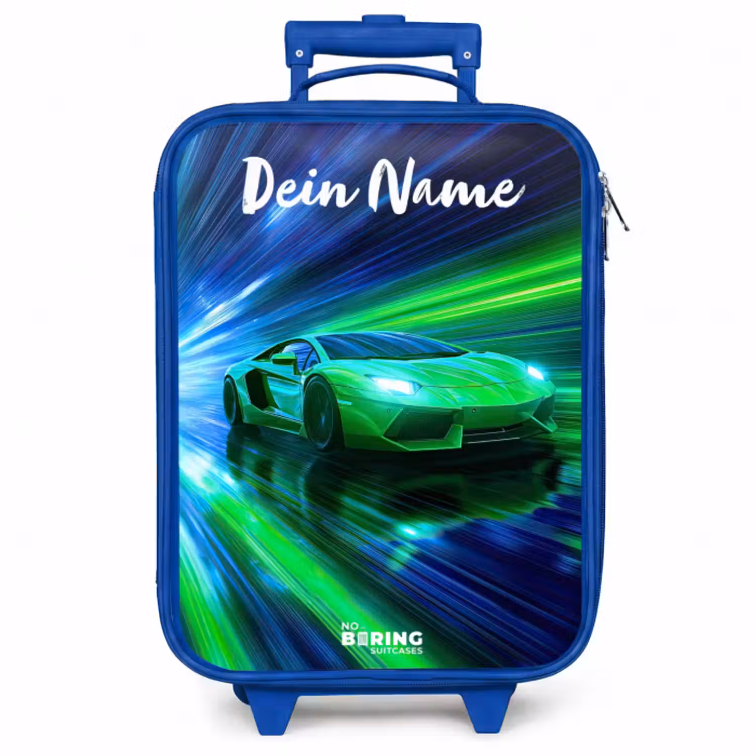 Kinderkoffer Blau mit Name - Sportwagen - Grün - Geschwindigkeitslinien - Neon