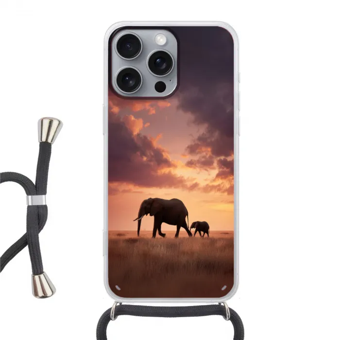 Olifanten - Grasland - Zonsondergang Hoesje iPhone 16 Pro Max met koord klein -3d