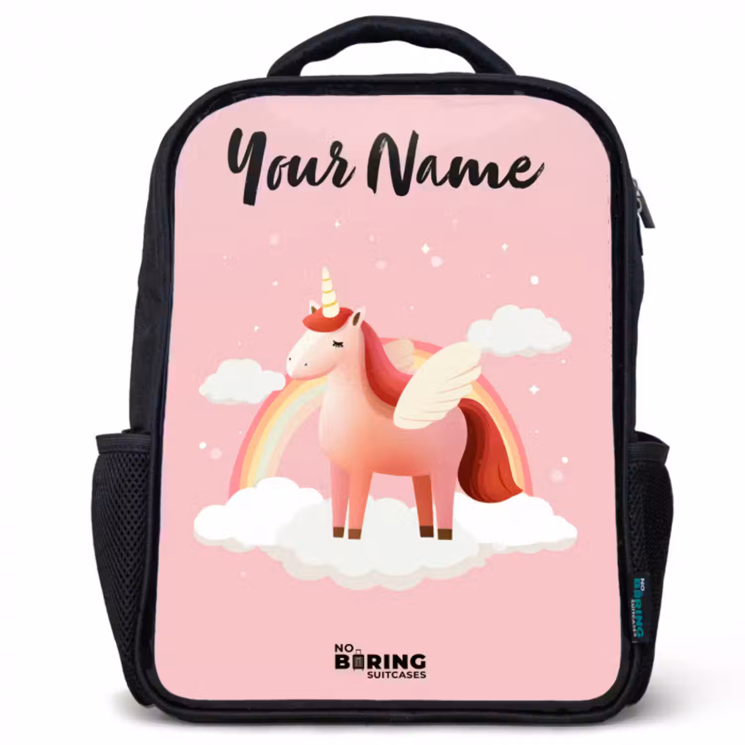 Kids backpack with name - Black - Unicorn - Wings - Pink - Rainbow
