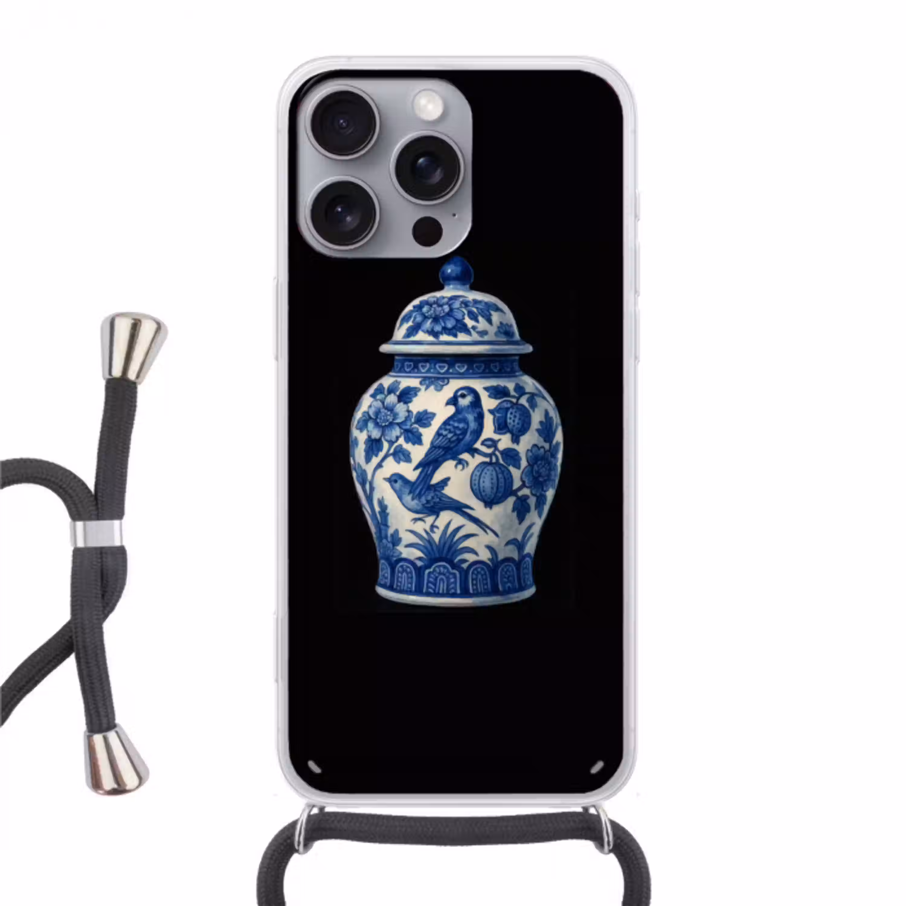 Pot - Delfts Blauw - Bloemen Hoesje iPhone 16 Pro Max met koord klein -3d