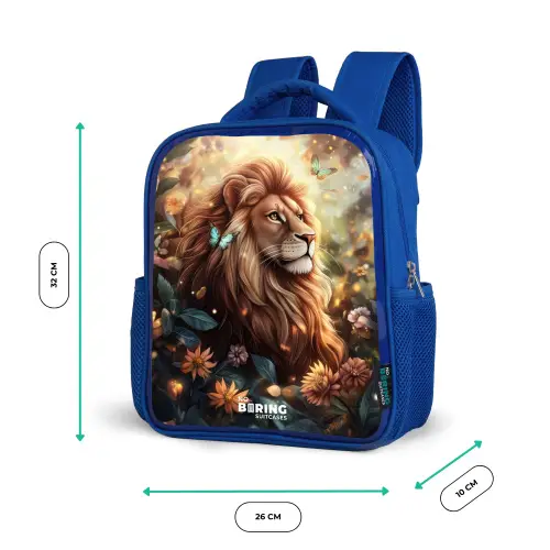 Leeuw met vlinders in bloemrijke jungle Kinderrugzak - Blauw middel -productfoto_formaten