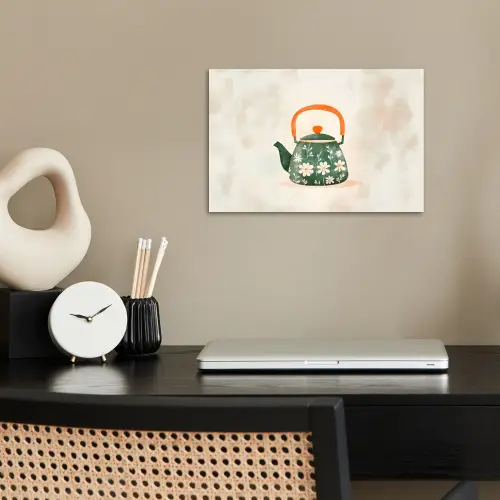 Theepot - Groen - Bloemen - Oranje poster papier klein -sfeer1