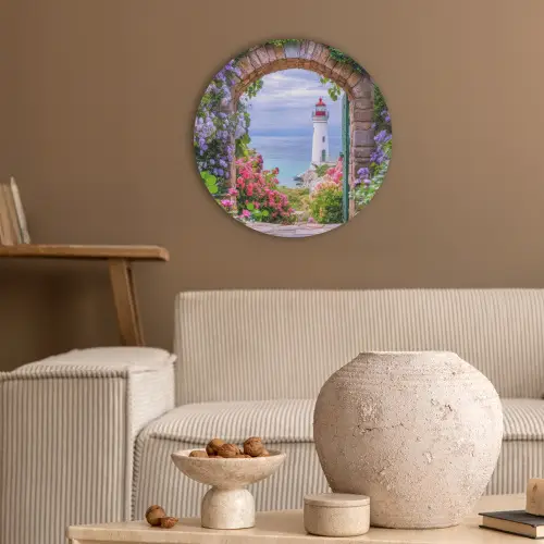 Doorkijk - Vuurtoren - Bloemen - Uitzicht Akoestische PET Vilt - Rond klein -sfeer1