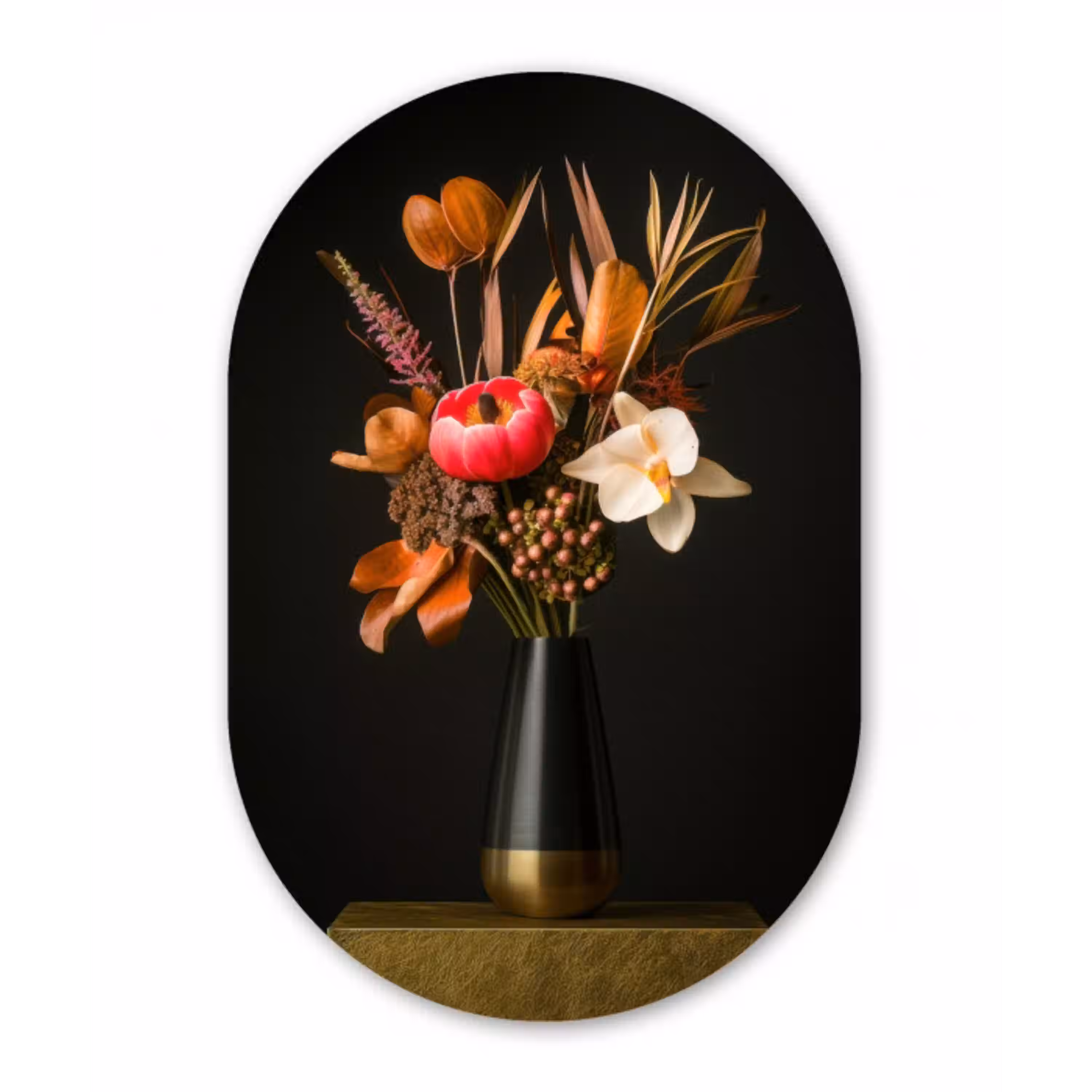 Boeket - Oranje - Gouden - vaas Wandcirkel Ovaal Aluminium middel -3d
