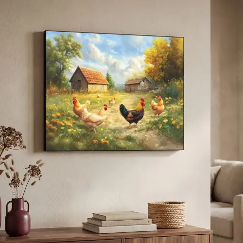 Kippen - Landelijke rust - Natuur Textielframe zwart klein -sfeer3