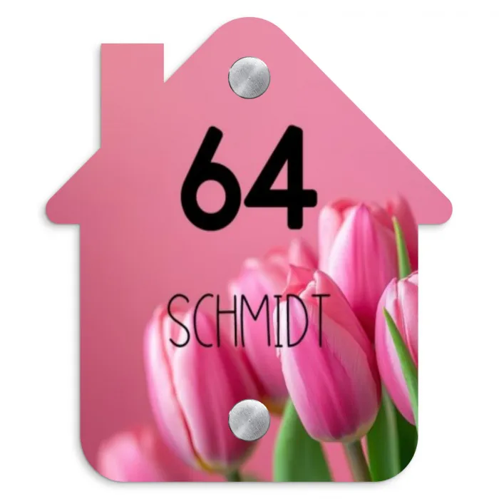 Roze tulpen - Modern Naambord Huisje klein -3d
