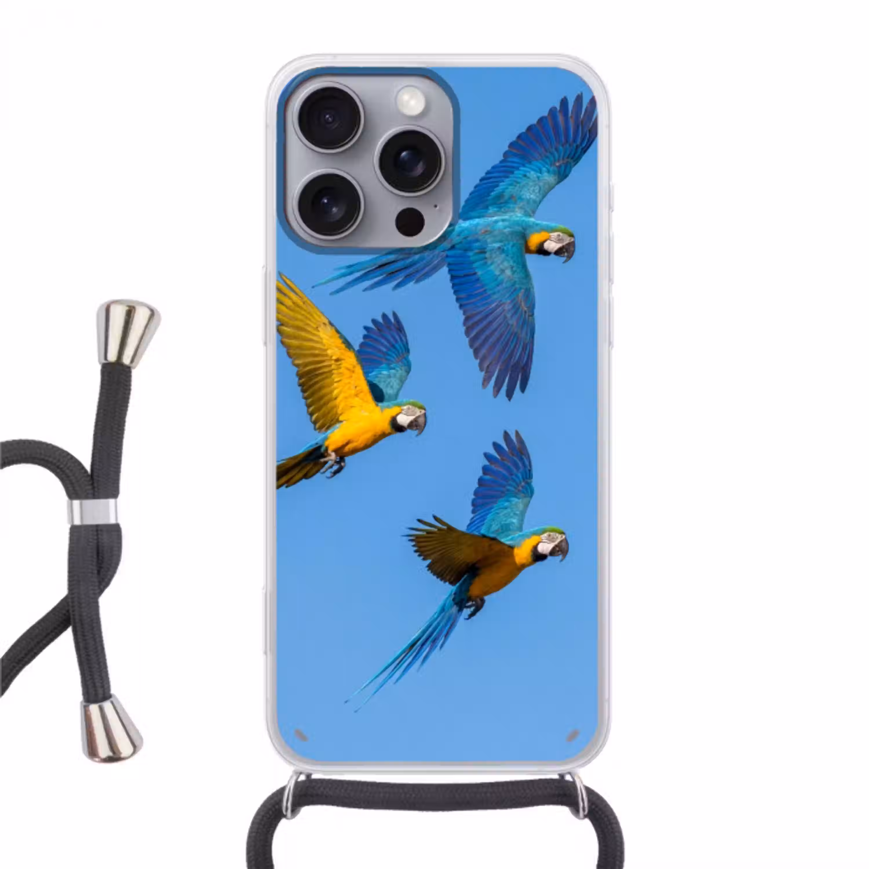 Papagaai - Vliegen - Blauw - Geel Hoesje iPhone 16 Pro Max met koord klein -3d
