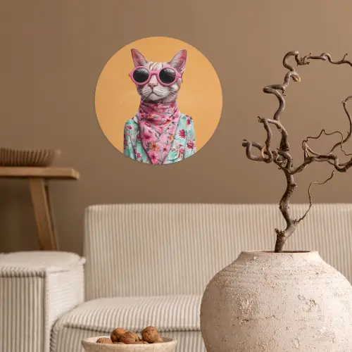 Zonnebril - Kat - Sjaal - Bloemen Wandcirkel behangsticker klein -sfeer1