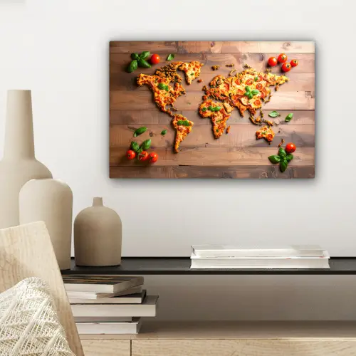 Wereldkaart - Pizza - Houten ondergrond canvas 2cm klein -sfeer6