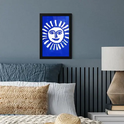 Zon - Gezicht - Penseelstructuur - Blauw fotolijst zwart zonder passe partout klein -sfeer3