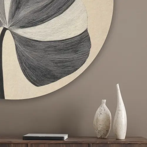 Zwart - Bladeren - Strepen - Minimalistisch Akoestische PET Vilt - Rond klein -sfeer5_closeup