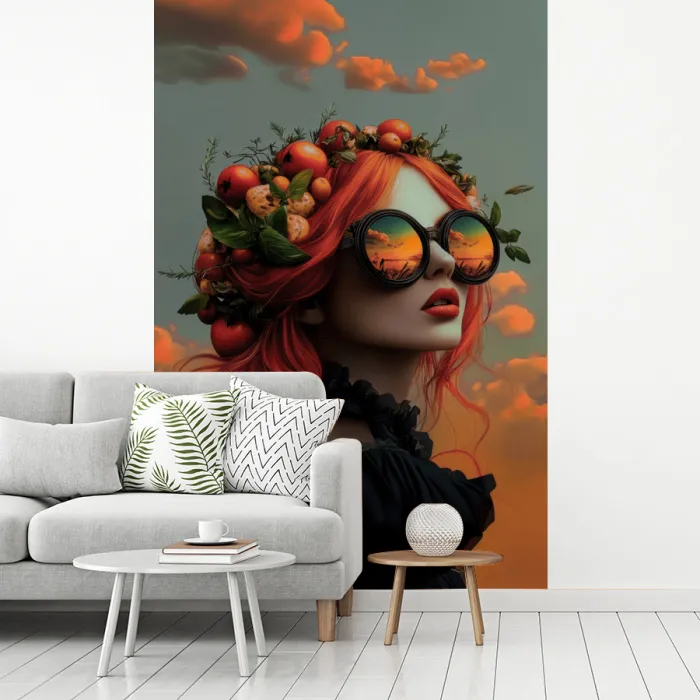 Vrouw - Kroon - Tomaat - Bascilicum - Zonnebril fotobehang vinyl groot -woonkamer