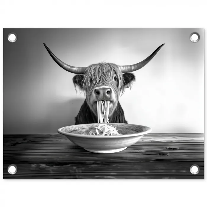 Schotse Hooglander - Spaghetti - Dieren - Zwart wit tuinposter los doek klein -3d