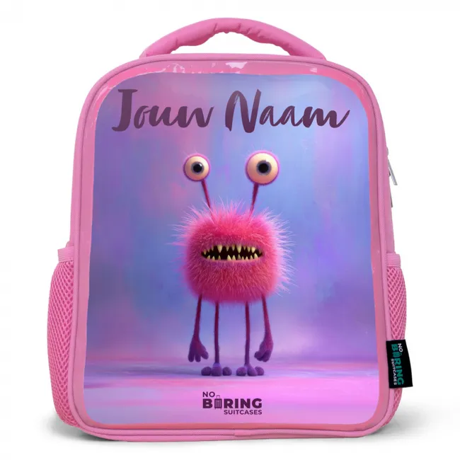 Rugzak kind met naam - Roze Roze harig monster met grote ogen