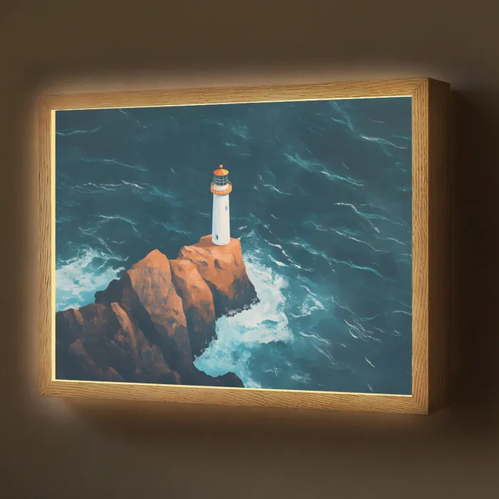 Vuurtoren - Rots - Zee - Golven Light Box met batterij (Wandlamp) middel -z3d_website