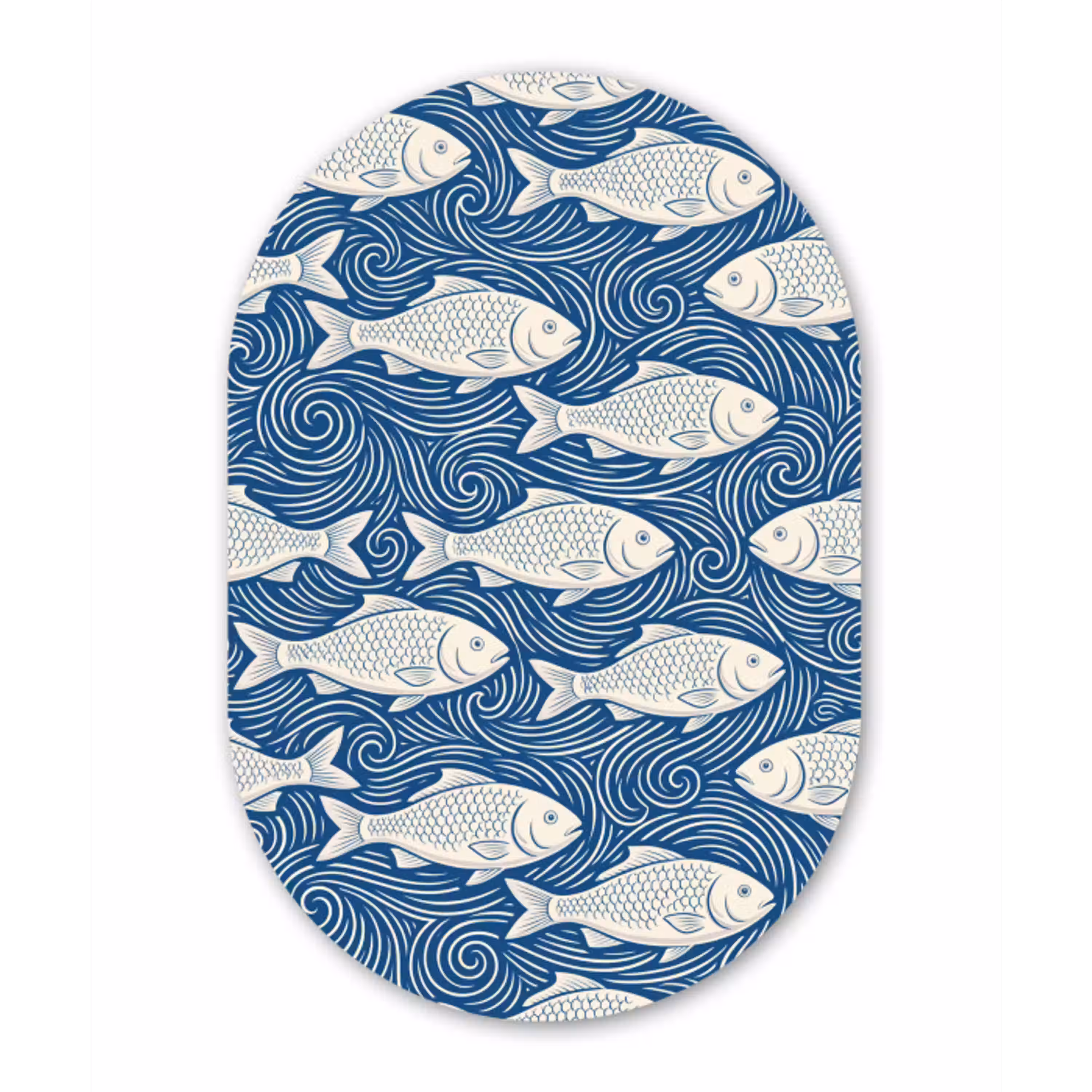 Vis - Water - Patroon - Grafisch - Blauw Wandcirkel Ovaal Aluminium middel -3d