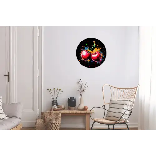 Kersen - Fruit - Graffiti - Verf - Abstract - Modern - Kleurrijk Wandcirkel aluminium klein -woonkamer