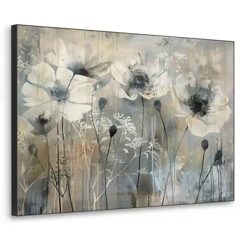 Bloemen - Planten - Grijs - Abstract Textielframe zwart klein -3d