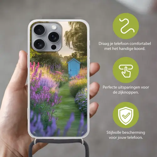 Tuinhuisje - Blauw - Bloemen Hoesje iPhone 16 Pro Max met koord klein -sfeer2_NL