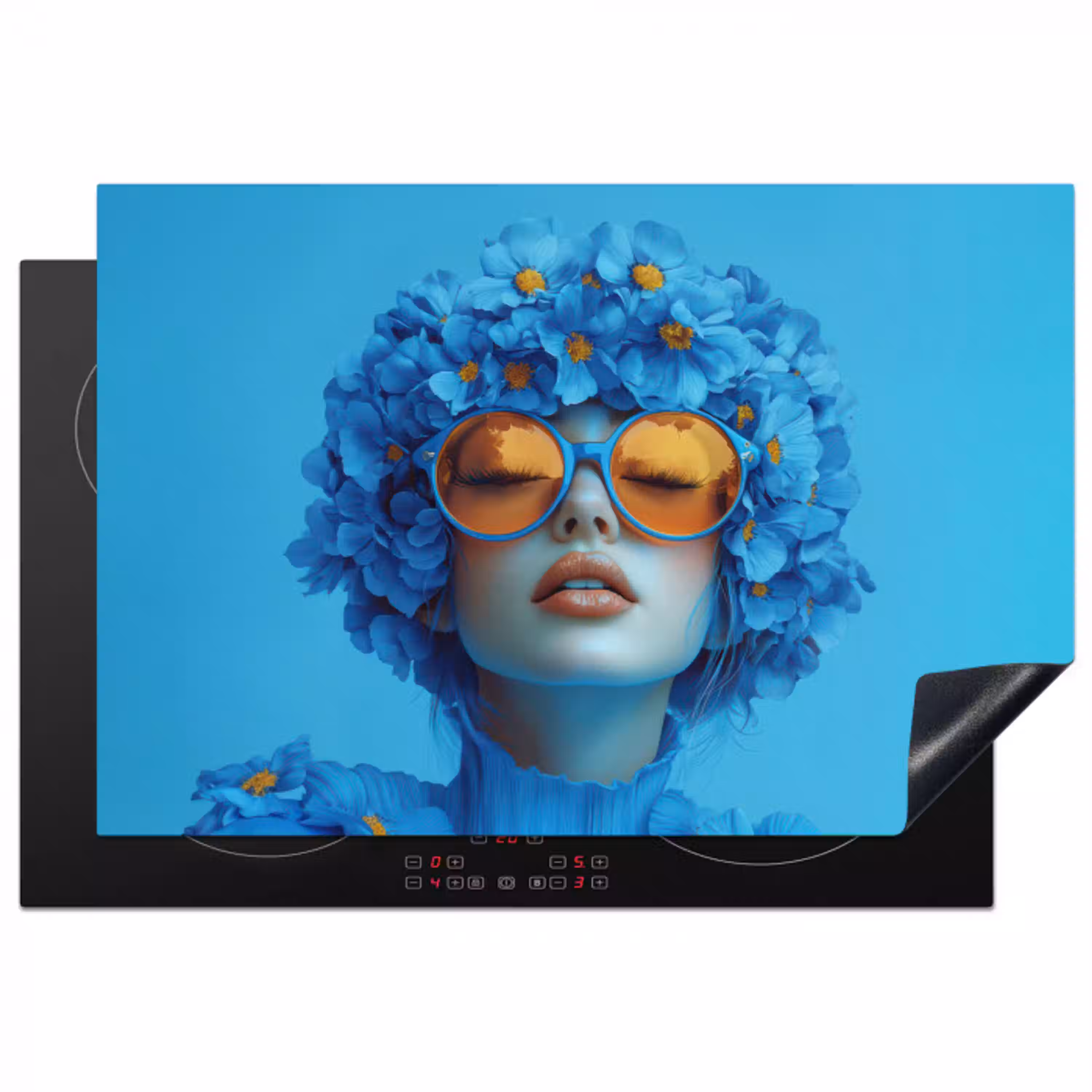 Vrouw - Bloem - Blauw - Modern - Bril - Portret Inductie beschermer vinyl 3mm klein -3d