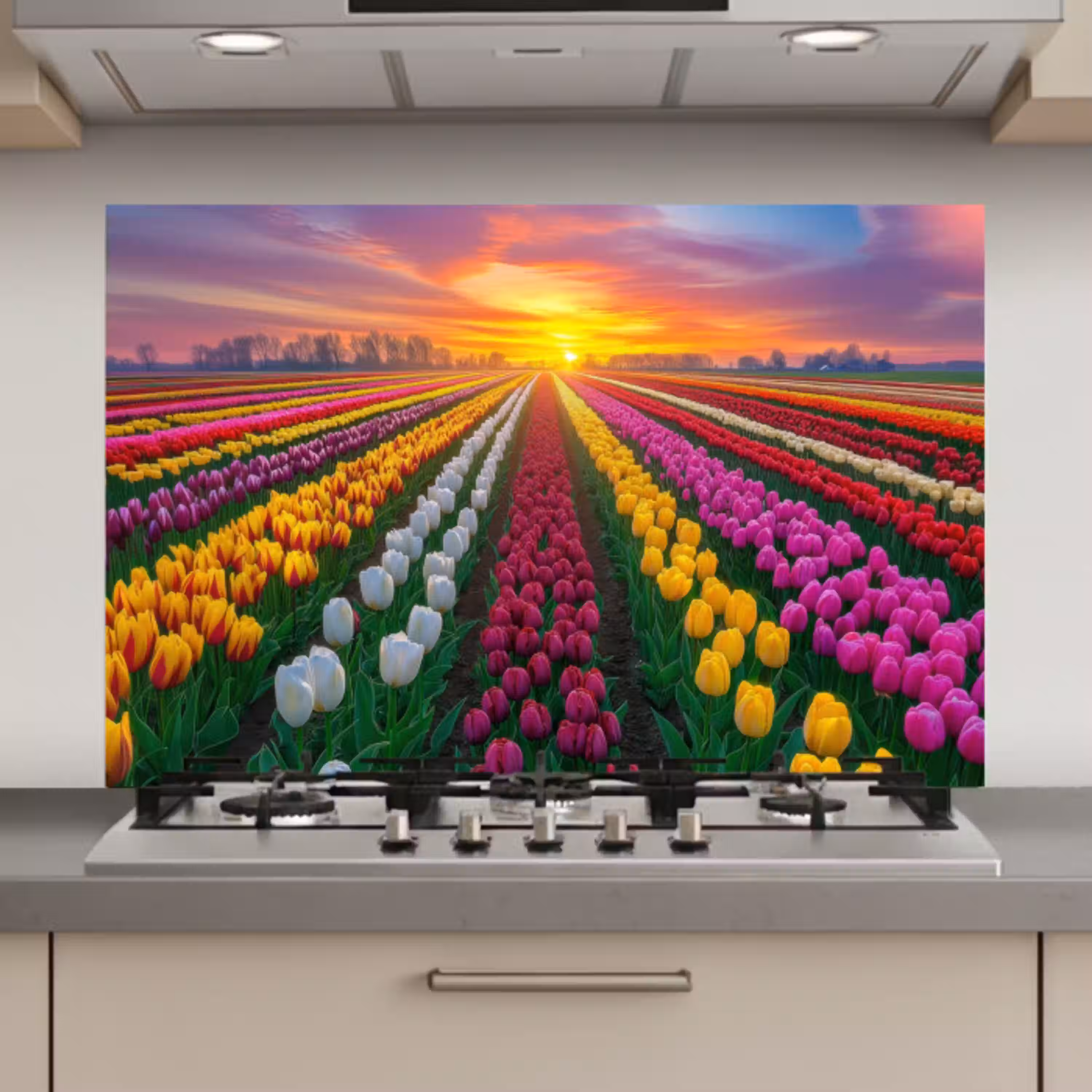 Tulpenveld - Zonsondergang - Kleurrijk keuken achterwand spatscherm klein -3d_website