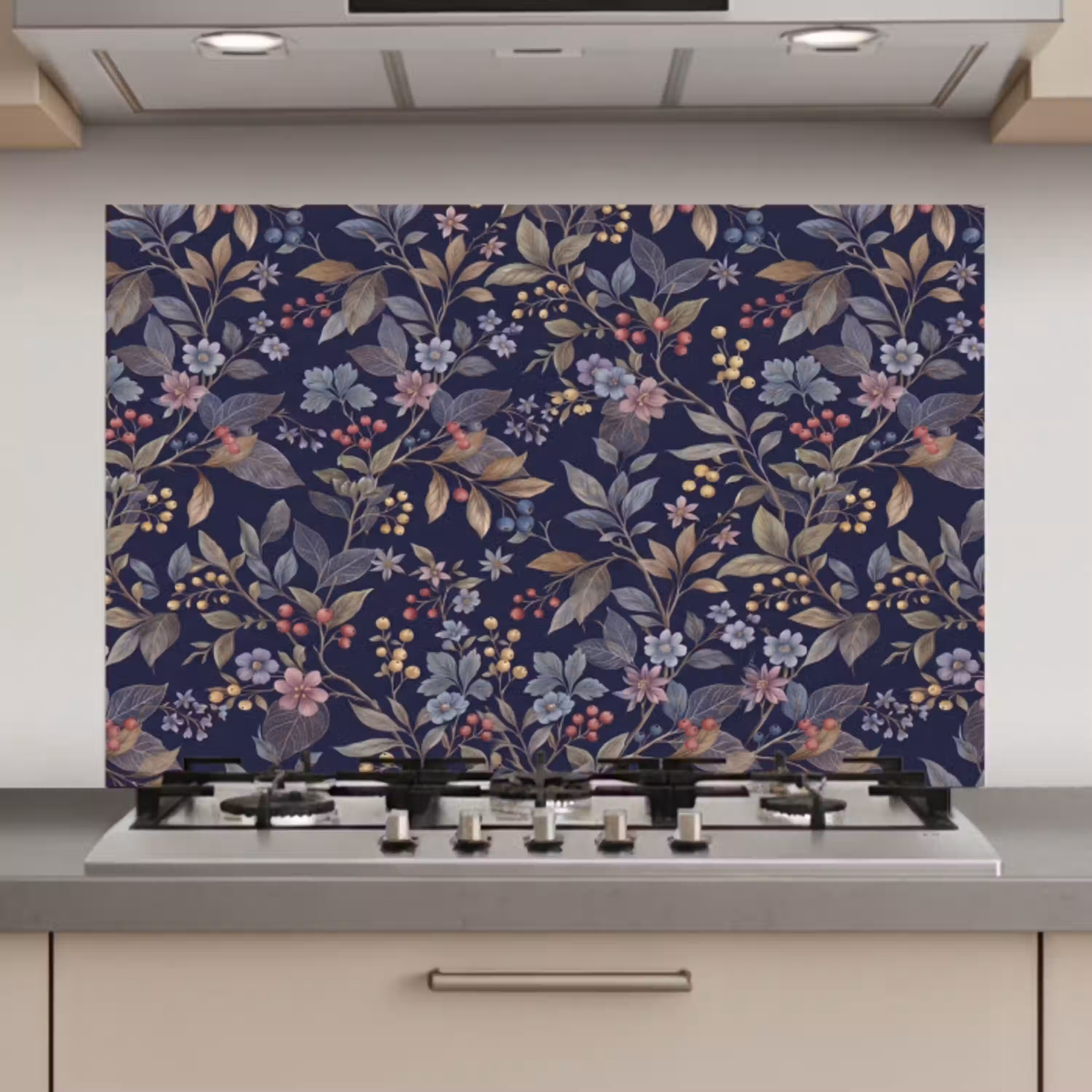 Bloemen - Bladeren - Patroon - Botanisch - Donkerblauw keuken achterwand spatscherm klein -3d_website