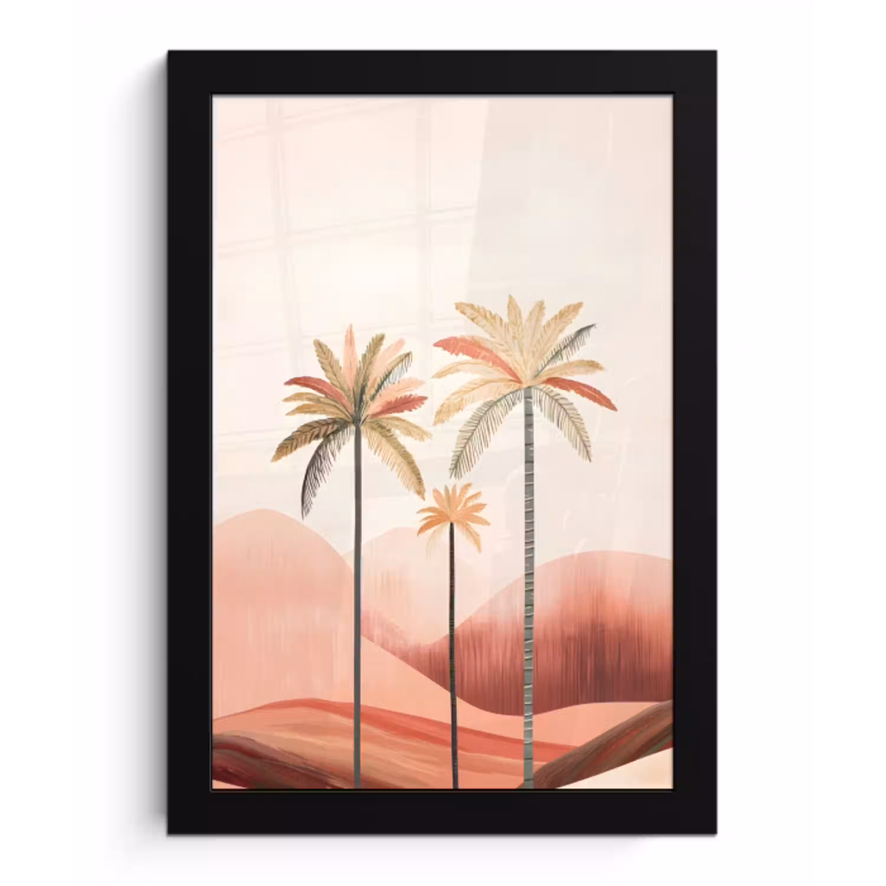 Palmbomen - Heuvels - Minimalistisch - Zachtroze fotolijst zwart zonder passe partout klein -3d