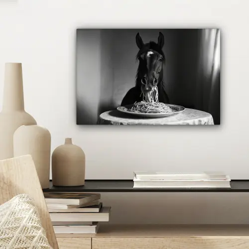 Paard - Bord - Pasta - Tafelkleed - Zwart Wit - Dieren canvas 2cm klein -sfeer6