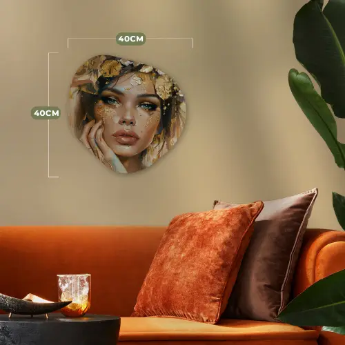 Vrouw - Bloemen  - Goud - Portret Wandcirkel Organisch Forex 3mm klein -sfeer3