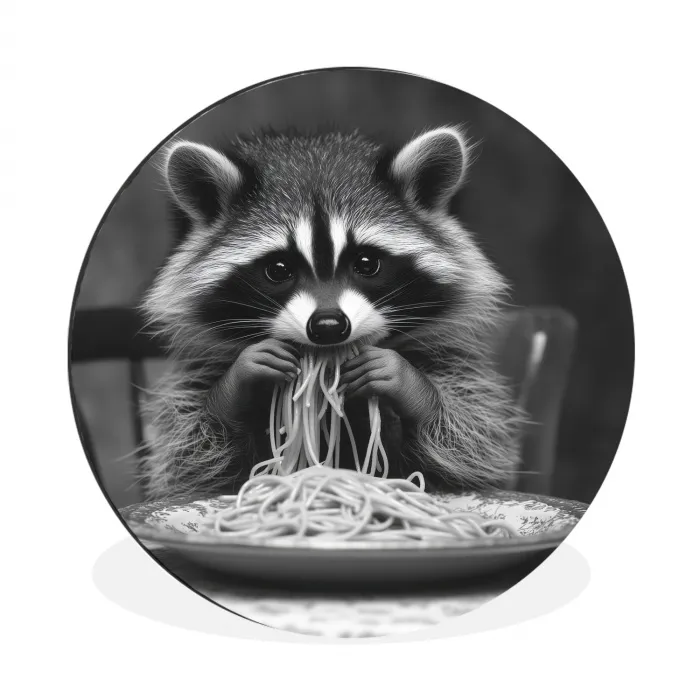 Wasbeer - Cute - Pasta - Tafelkleed - Zwart - Wit Wandcirkel aluminium klein -3d