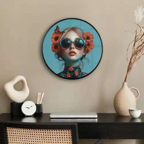 Vrouw - Blauw - Vlinder - Bloemen - Aesthetic Fotolijst rond zonder passe partout klein -sfeer1