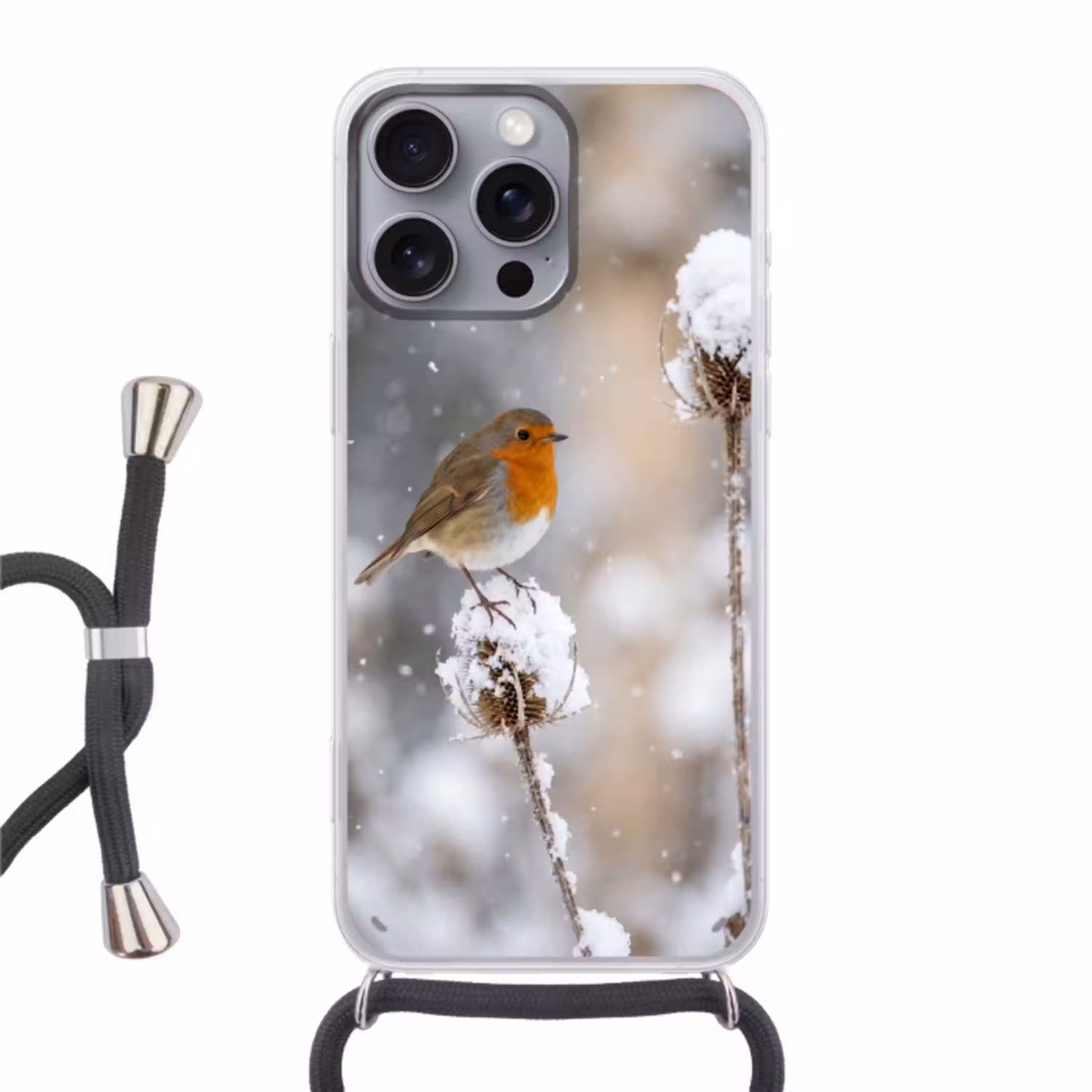 Roodborstje - Gedroogde bloem - Sneeuw - Winter - Vertederend Hoesje iPhone 16 Pro Max met koord klein -3d