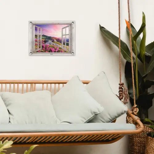 Bergen - Landschap - Doorkijk - Bloemen - Avond - Roze tuinposter los doek klein -sfeer7