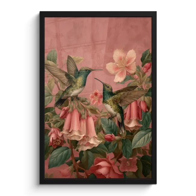 Poster met lijst - Kolibries - Bloemen - Groen - Roze