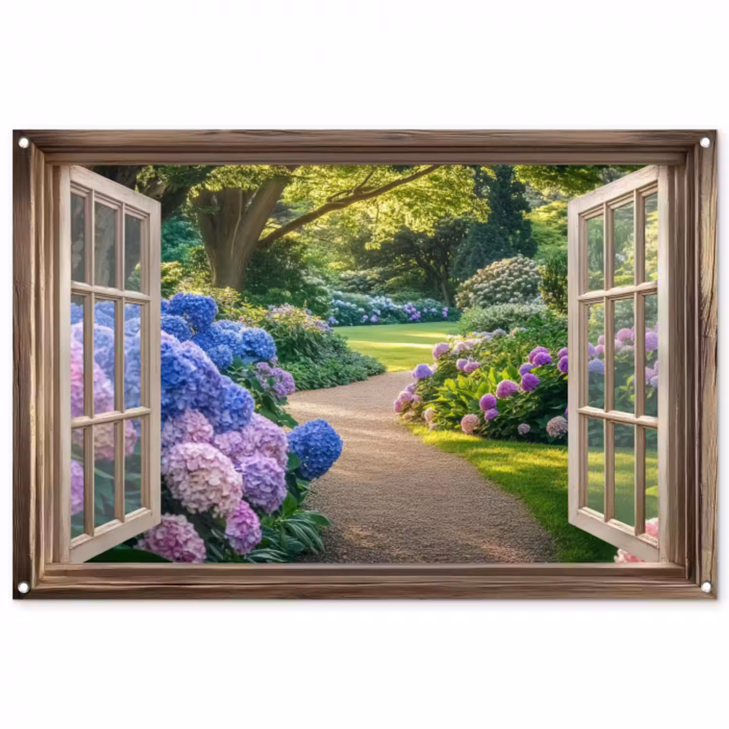 Tuinposter - Doorkijk - Tuin - Raam - Hortensia - Bloemen