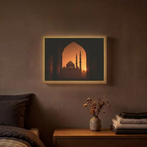 Moskee - Oranje lucht - Islamitisch Light Box met batterij (Wandlamp) middel -sfeer4