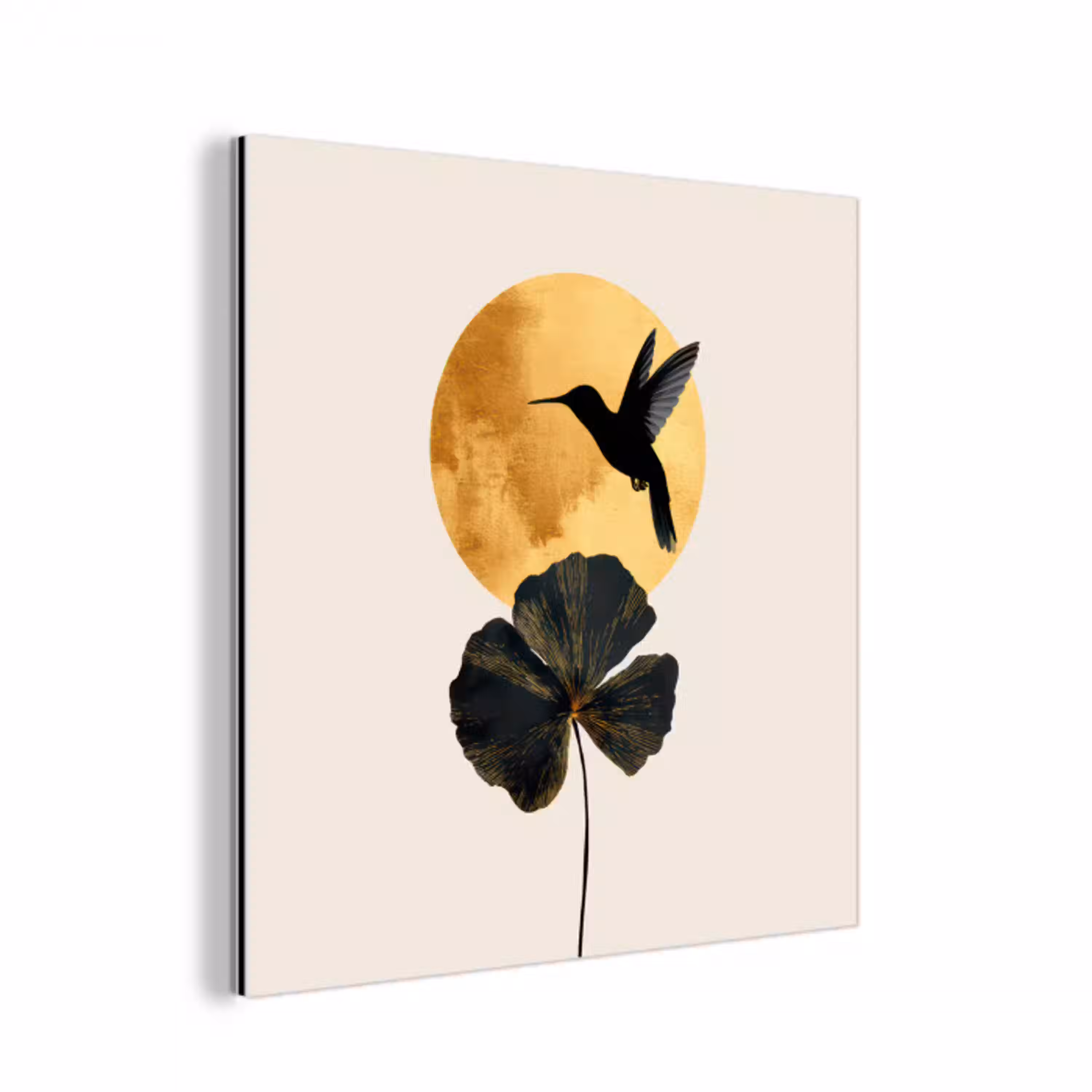 Zwarte kolibrie - Bloem - Gouden cirkel aluminium wit klein -3d
