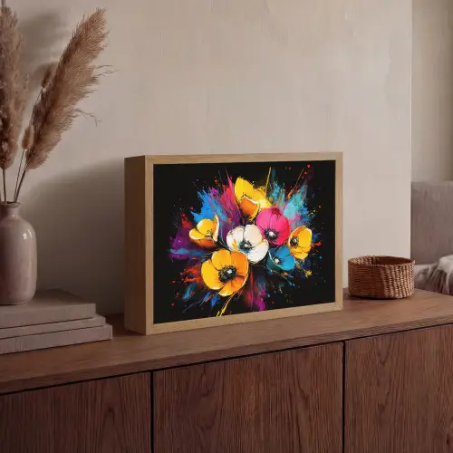 Bloemen - Kleurrijk - Graffiti - Modern - Boeket Light Box met batterij (Wandlamp) middel -sfeer2