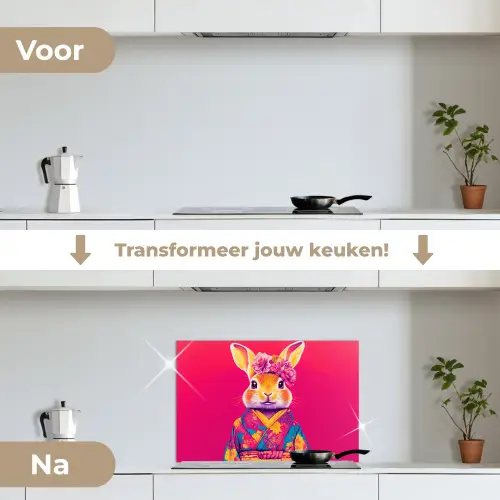 Konijn - Bloemen - Kleurrijk - Kimono keuken achterwand spatscherm klein -voor_na_NL