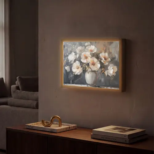 Bloemen - Wit - Vaas - Modern Light Box met batterij (Wandlamp) middel -sfeer1