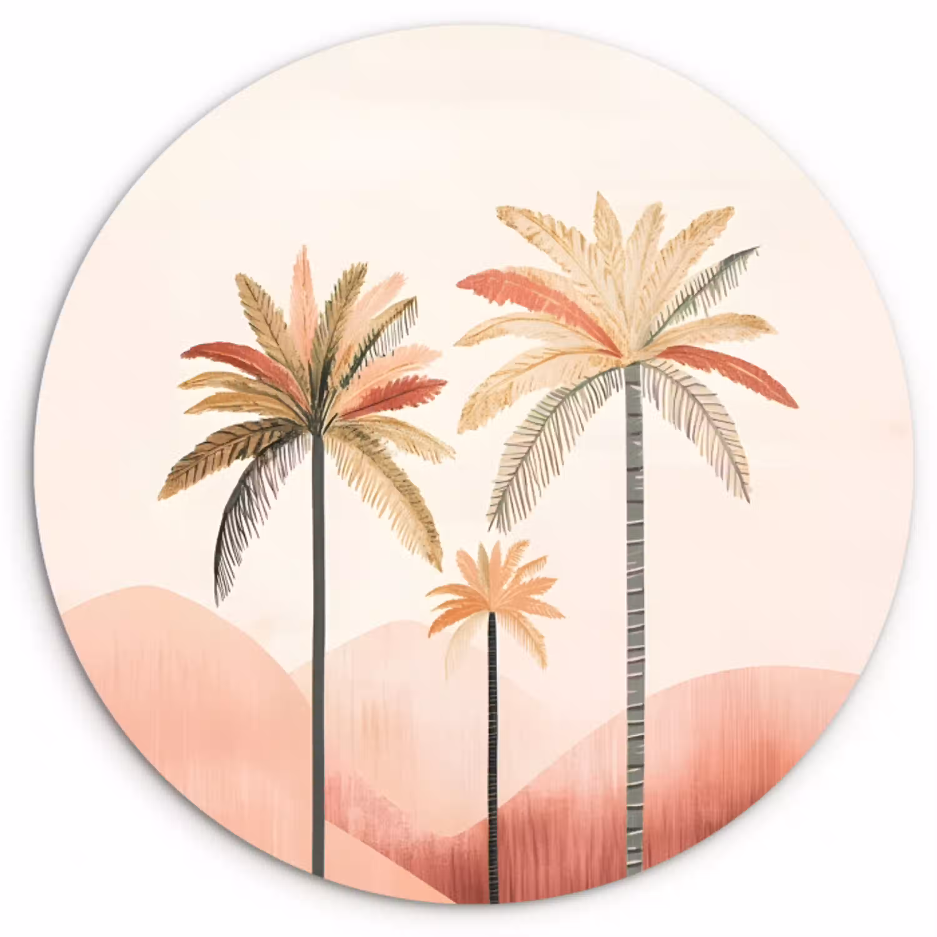 Palmbomen - Heuvels - Minimalistisch - Zachtroze Wandcirkel kunststof plaat 5mm dik klein -3d