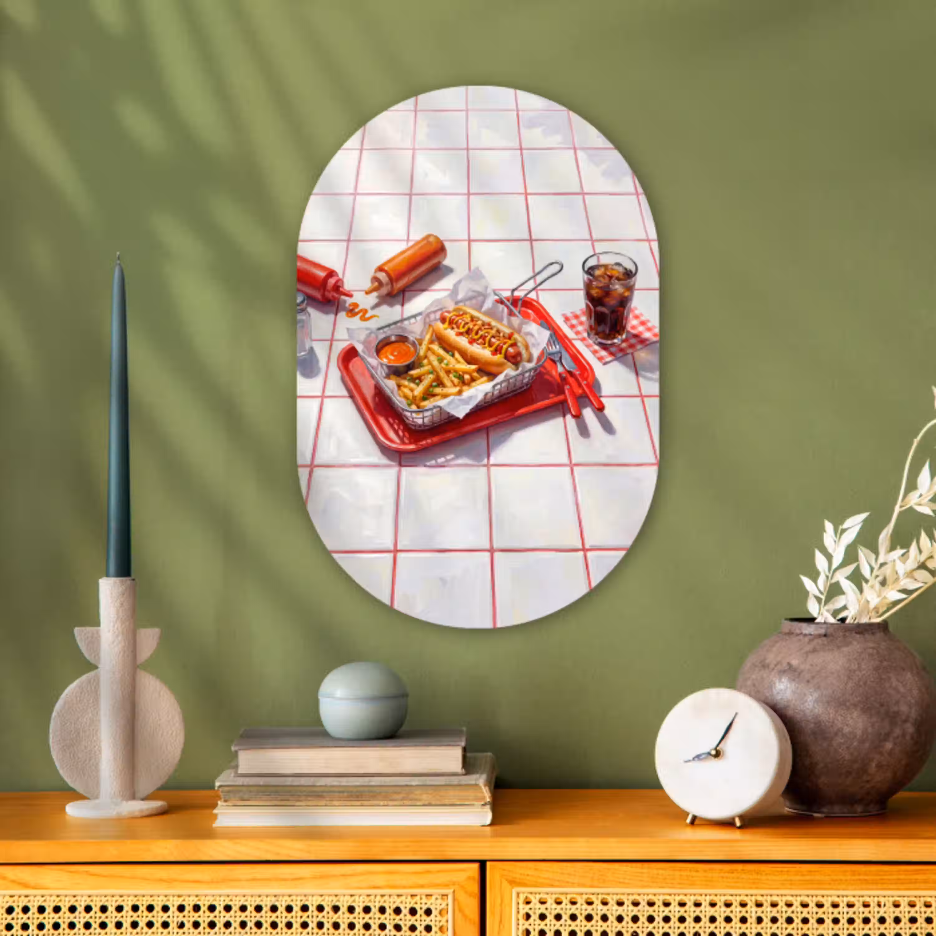Eten - Hotdog - Fastfood - Modern - Rood Wandcirkel Ovaal Forex klein -sfeer2