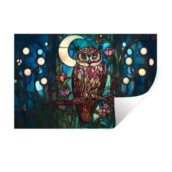 Uil - Mozaïek - Maan - Nacht Muursticker klein -3d