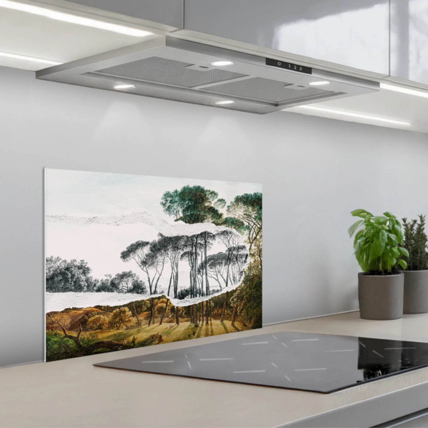 Italiaans landschap parasoldennen - Kunst - Hendrik Voogd - Schilderij - Zwart wit - Oude meesters keuken achterwand spatscherm klein -3d_schuin