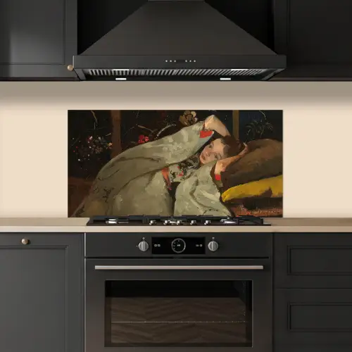 Meisje in witte kimono - Schilderij van George Hendrik Breitner keuken achterwand spatscherm middel -sfeer1